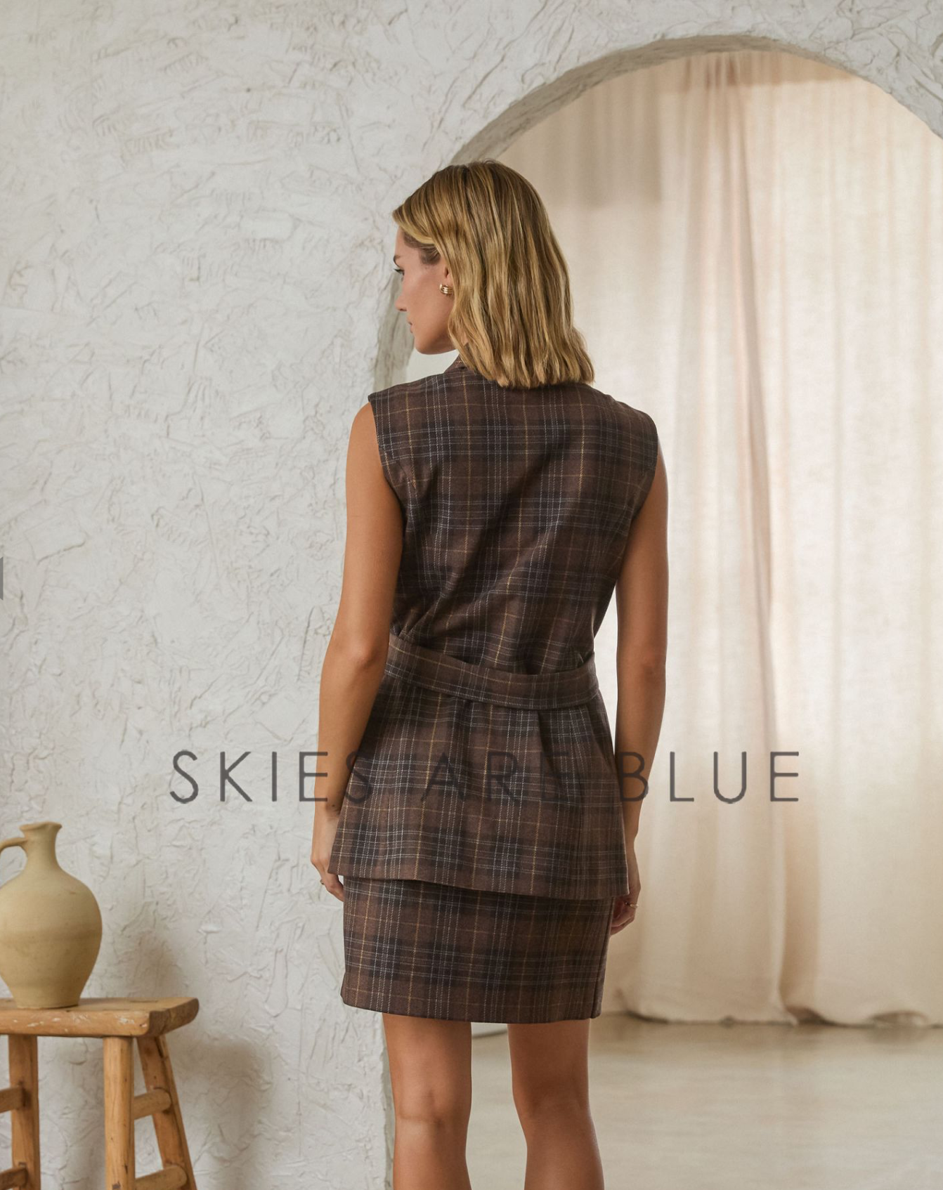 Plaid Vest With Belt Tie Brown Skies Are Blue 26328