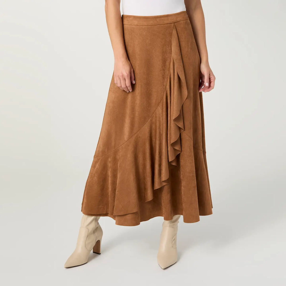 Camel Faux Suede Ruffle Midi Skirt 2639134