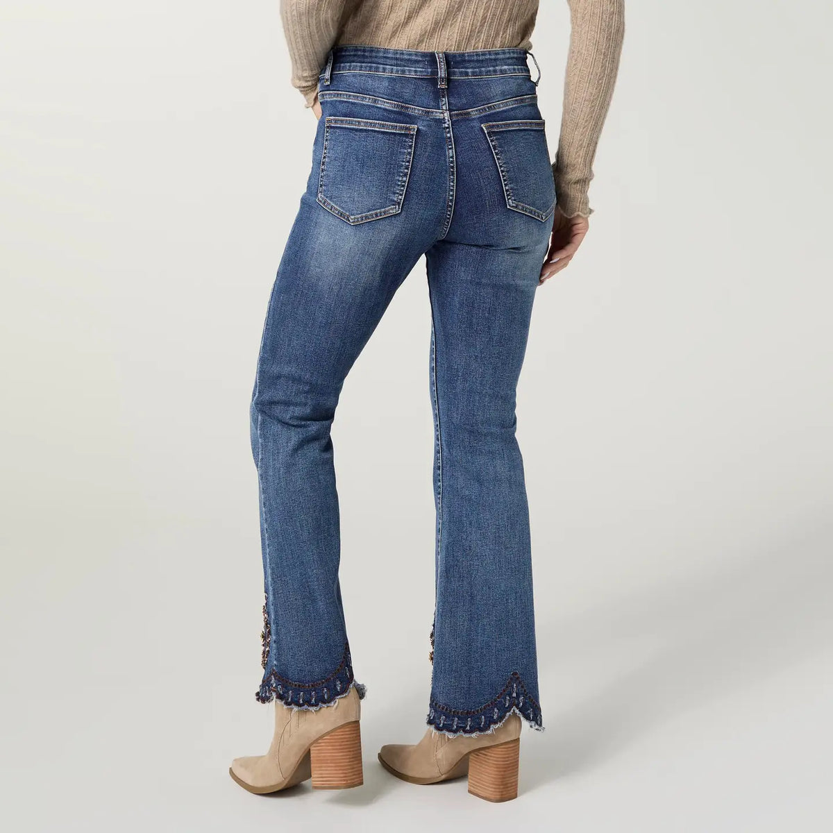 Medium Wash Flare Jeans with Embroidered Hem 2639303