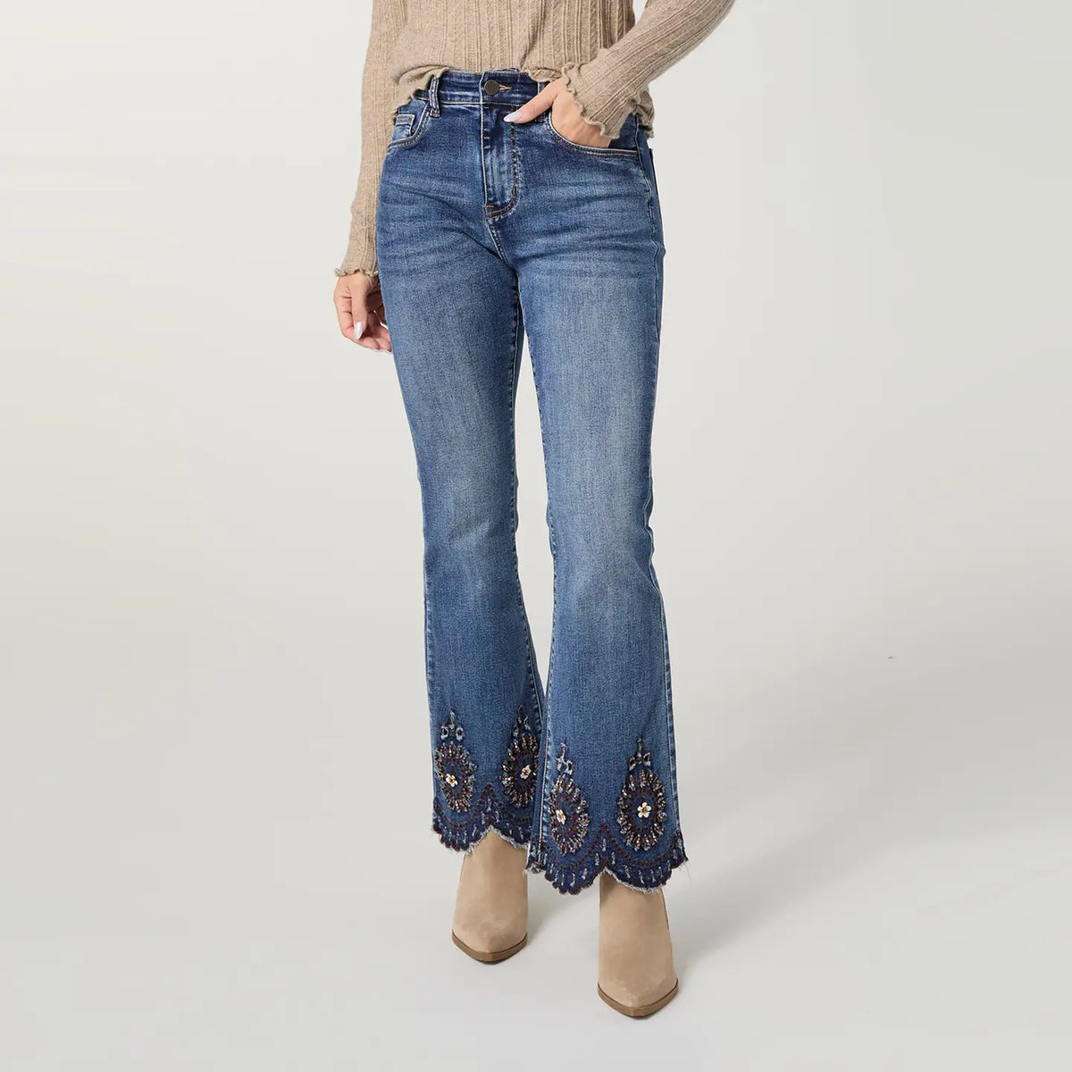 Medium Wash Flare Jeans with Embroidered Hem 2639303