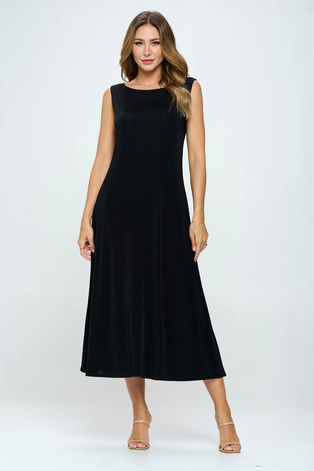 Boat Neck Long Tank Black Dress 7078BN-TRS1
