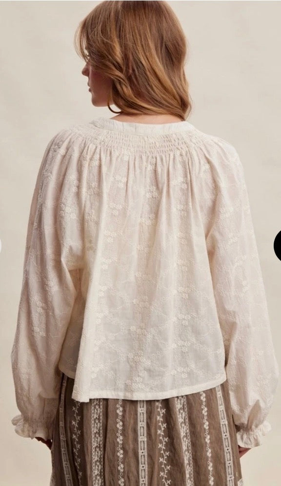 Button Down Embroidered Long Sleeve Blouse Ecru Listicle LT1478-Ecru