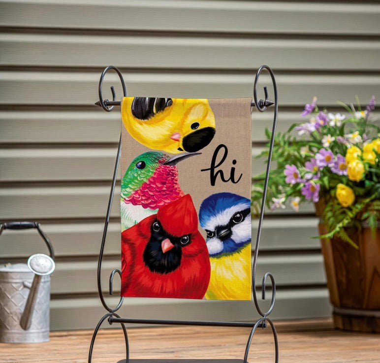 Portly Birds Peeping Burlap Flag Evergreen BFZJWLBGF325