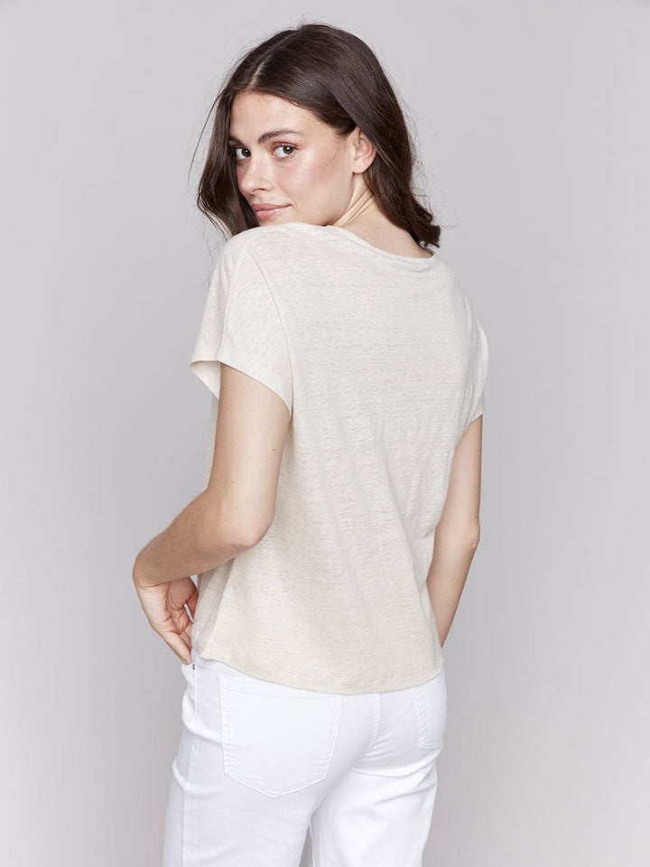 Split Neck Short Sleeve Top Champagne Charlie B C1396PK-253C