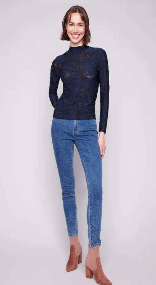 Mesh Mock Neck Top Blue Black Charlie B C1404PK-301C