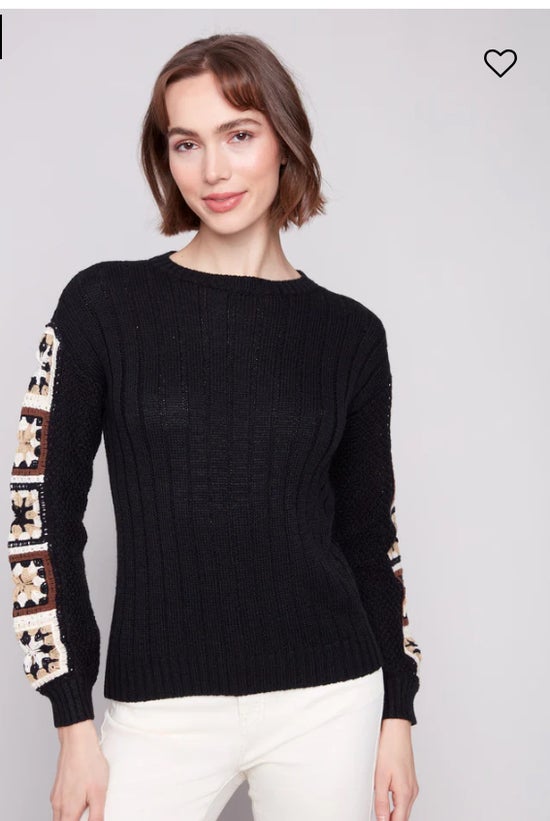 Crochet Sleeve Sweater Black Charlie B C2623R-806B
