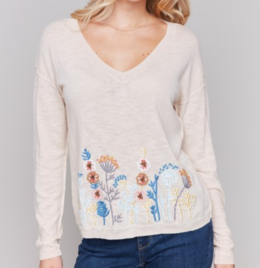 Border Embroidered Flowers Cotton Sweater Charlie B C2802-261B