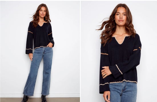 V-Neck Notched Sweater Navy Charlie B C2879-365C