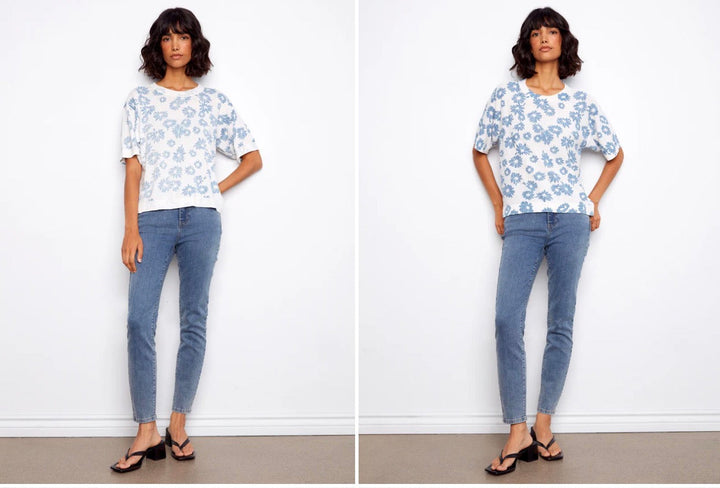 Reversable Printed Petals Short Sleeve Top Charlie B C2947P-261B