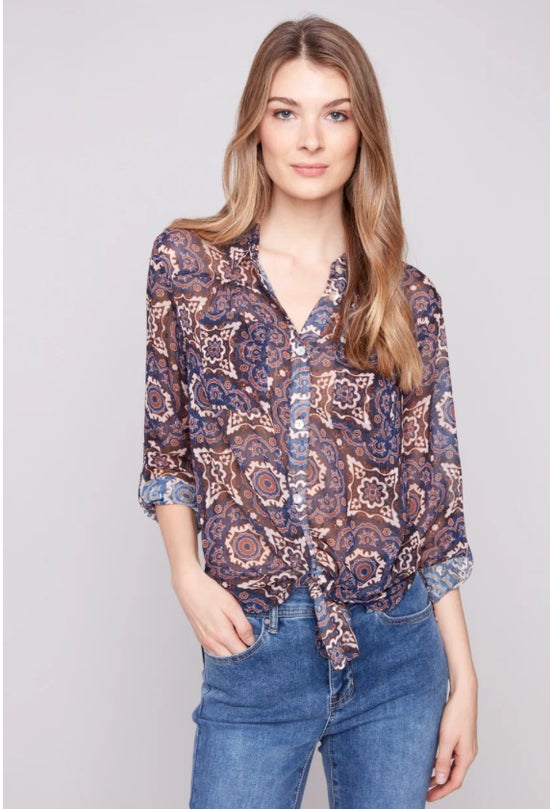 Long Sleeve Button Up Blouse Medallion Charlie B C4308PR-335C