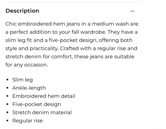 Hem Embroidered Denim Pants  Blue Charlie B C5573R-431A