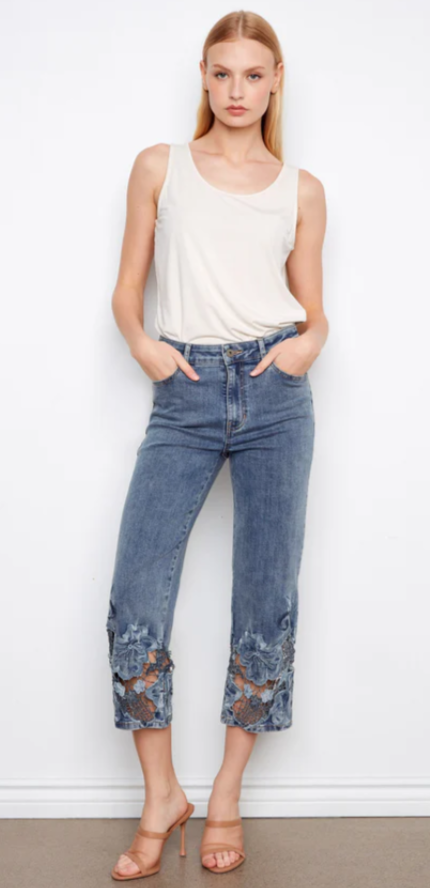 Blue Lace Embroidered Side Cut Flare Pant Charlie B C5648-431A
