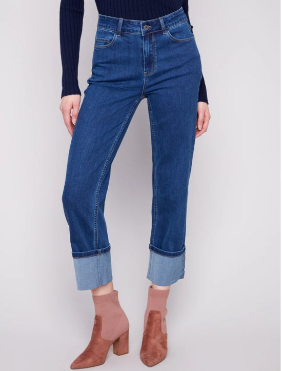 Indigo Wide Cuff Straight Leg Denim Pants Charlie B C5670-431A