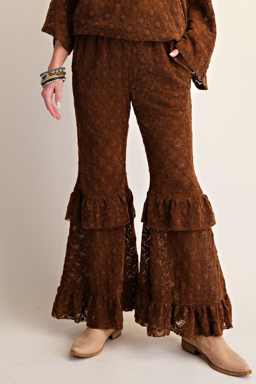 Brown Ruffle Flare Pants Easel EB58216