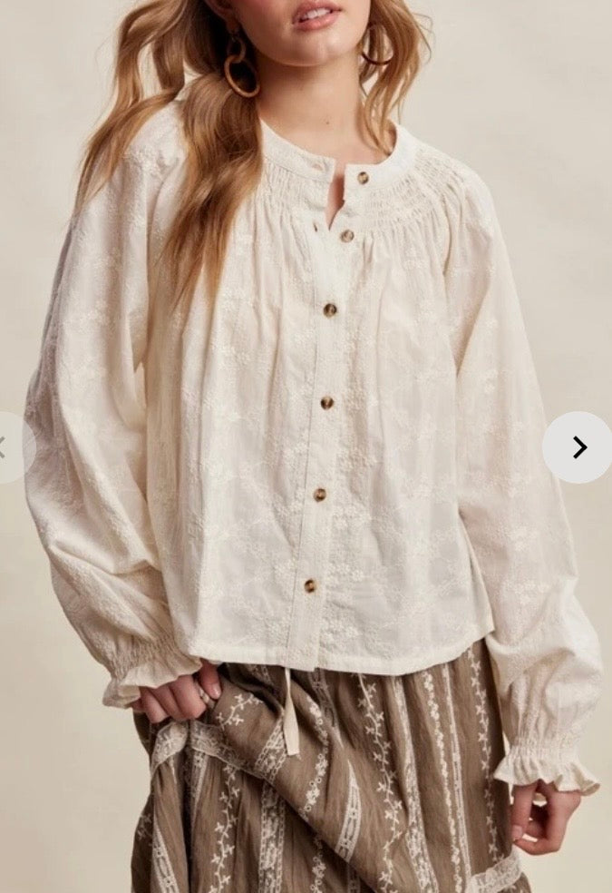 Button Down Embroidered Long Sleeve Blouse Ecru Listicle LT1478-Ecru