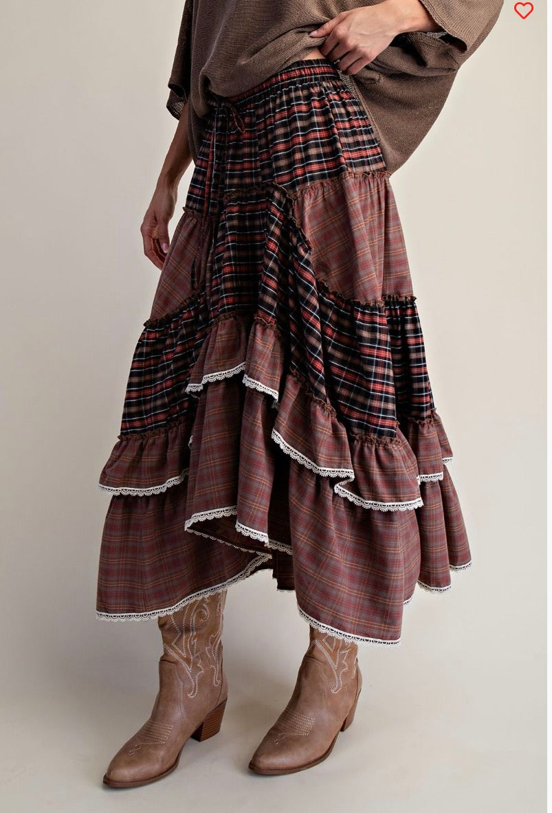 Mocha Brown Check Tiered Maxi Woven Skirt Easel eb58209
