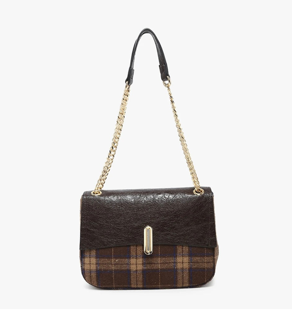 Brown/Tan Plaid Twist-Lock Crossbody Bag | Jen & Co - M2910-BR.TN