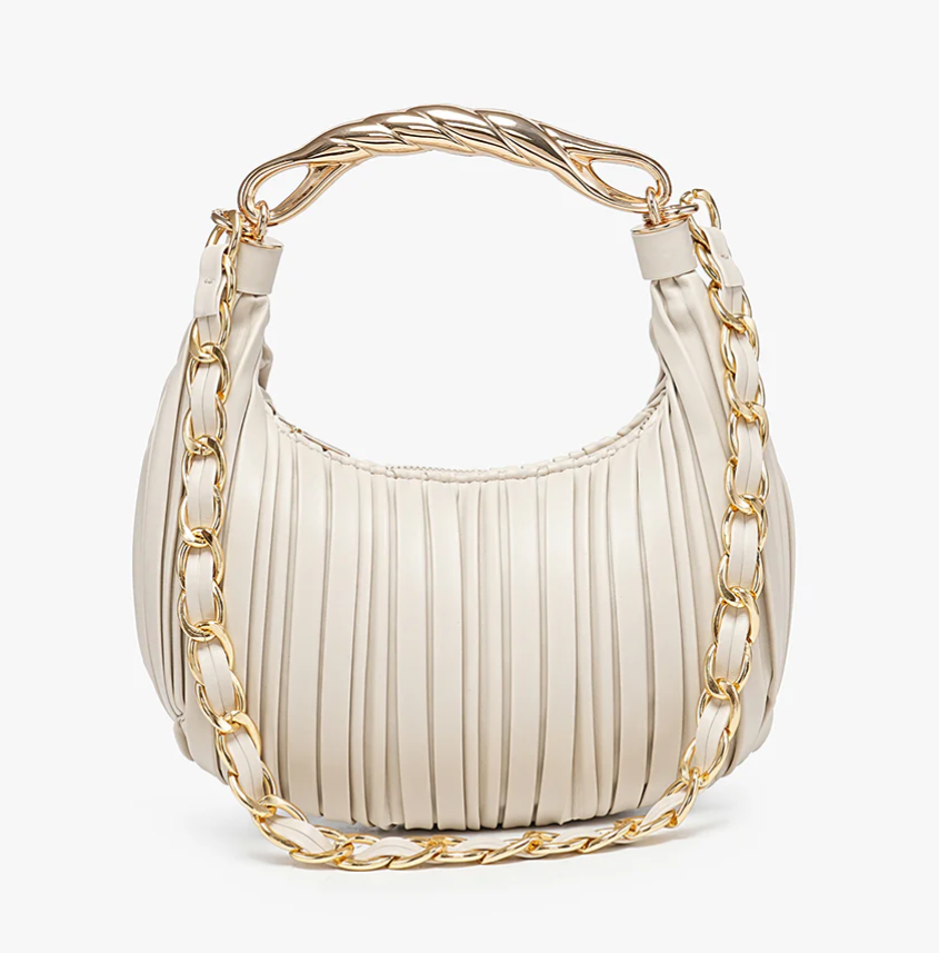 Miriam Pleated Vegan Leather Shoulder Bag for Women, Soft Faux Leather Purse with Chain Strap & Top Handle (Greige)