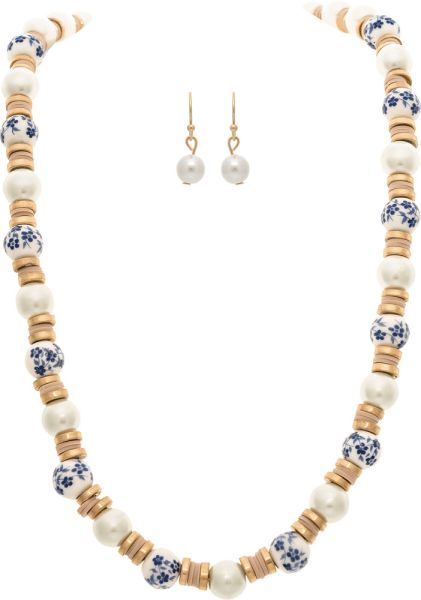 Blue White China Bead Bauble Gold Rain Jewelry N2820G