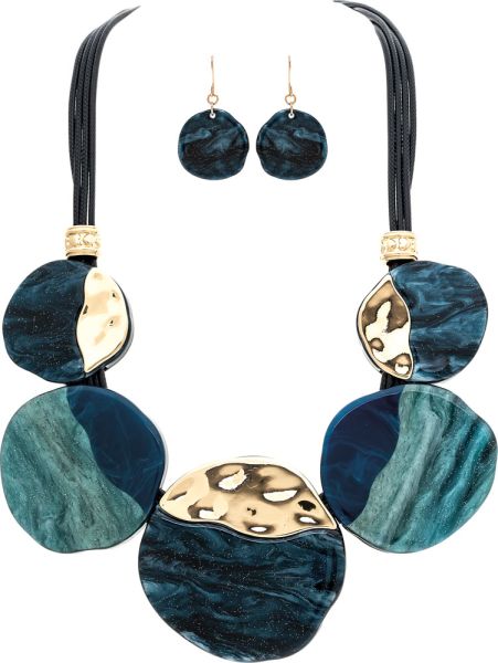 Blue Acrylic Circles Statement Necklace Gold Rain Jewelry N3086BL