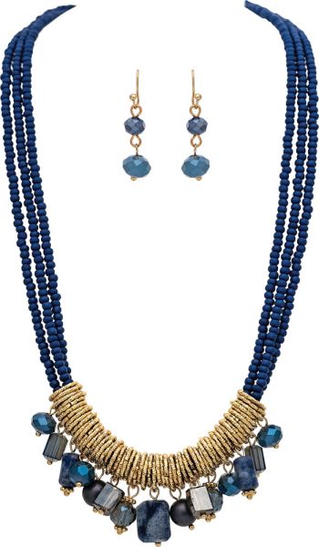 Gold Wrap Blue Sodalite Beaded Necklace Rain N3512G