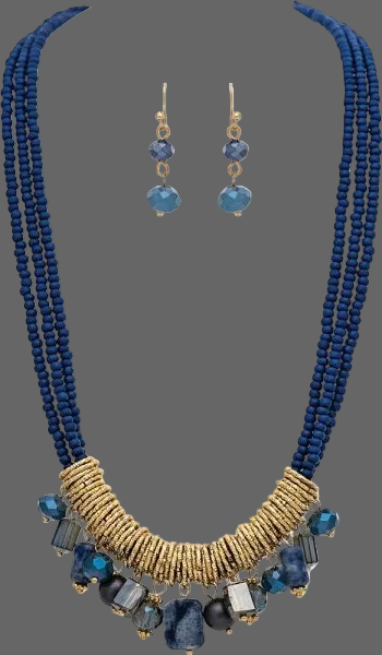 Gold Wrap Blue Sodalite Beaded Necklace Rain N3512G