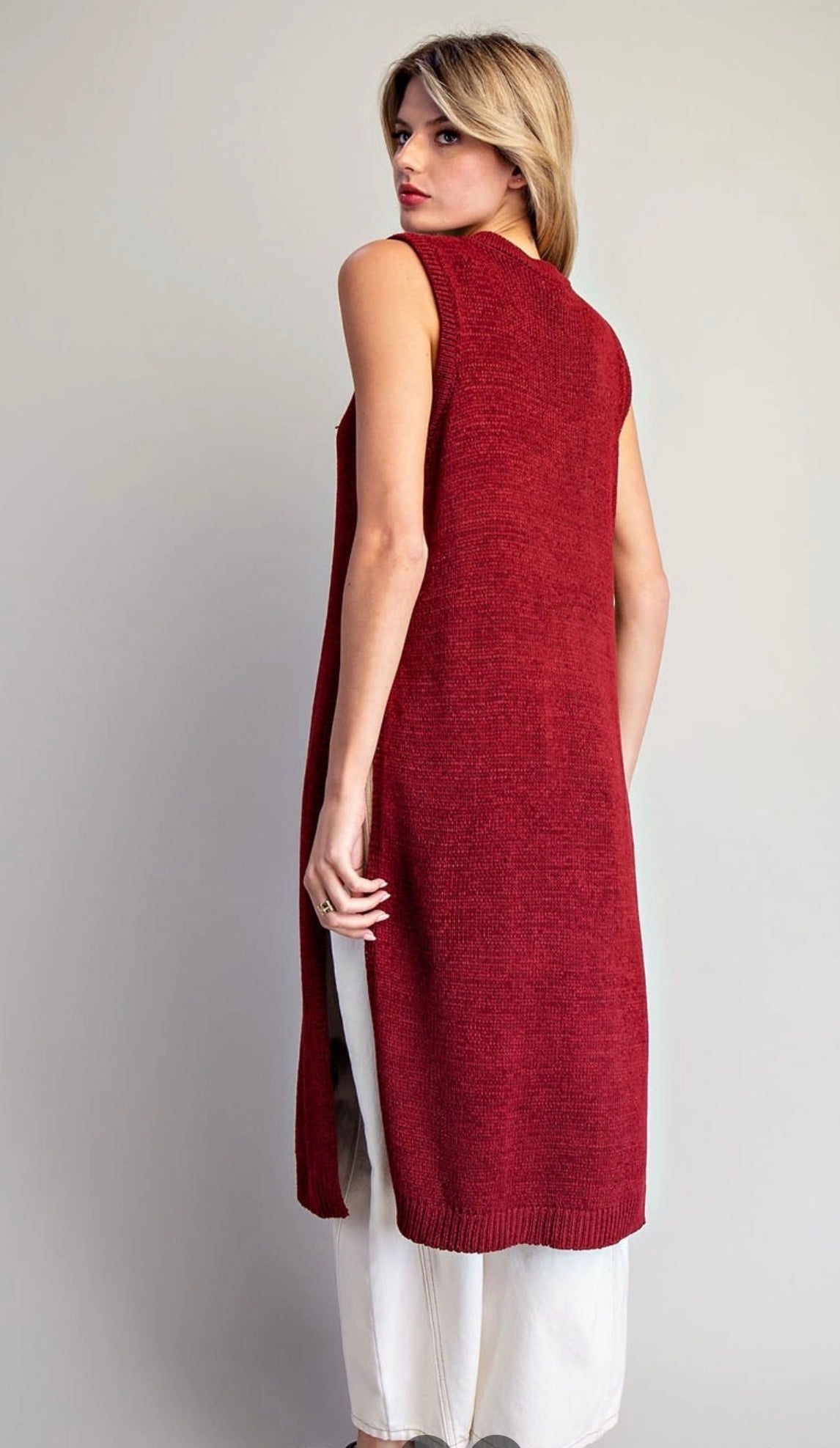 Longline Sleeveless Open Knit Sweater Vest | Wine | Eesome SH15117