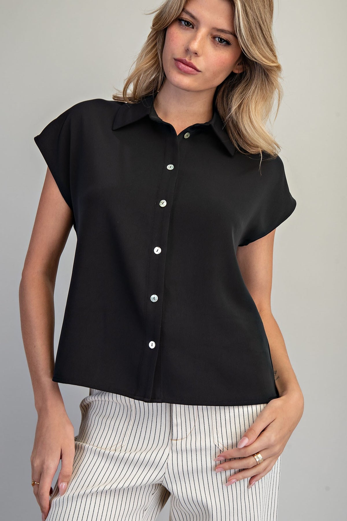 Black V-Neck Button-Up Blouse TK16013
