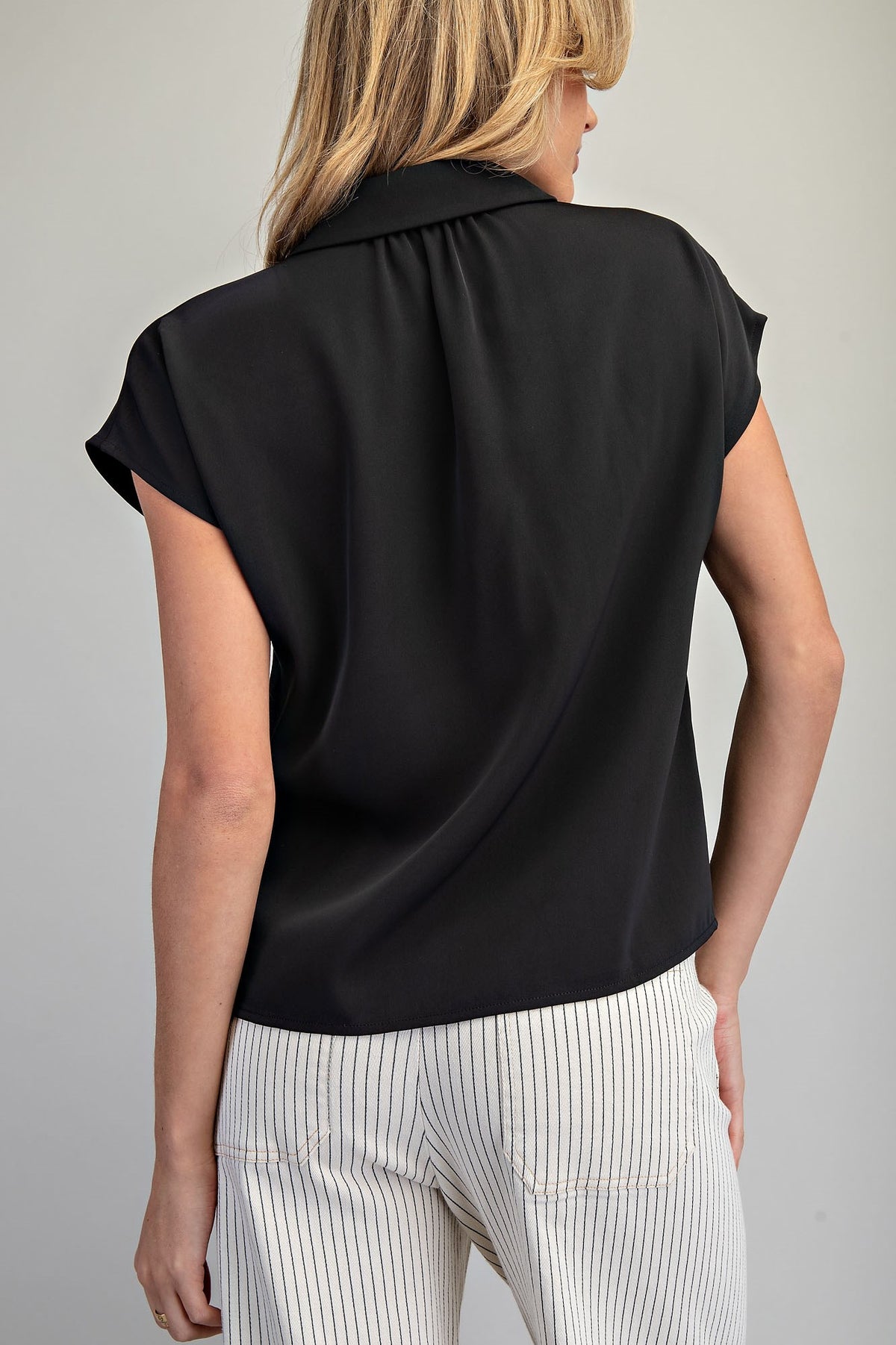 Black V-Neck Button-Up Blouse TK16013