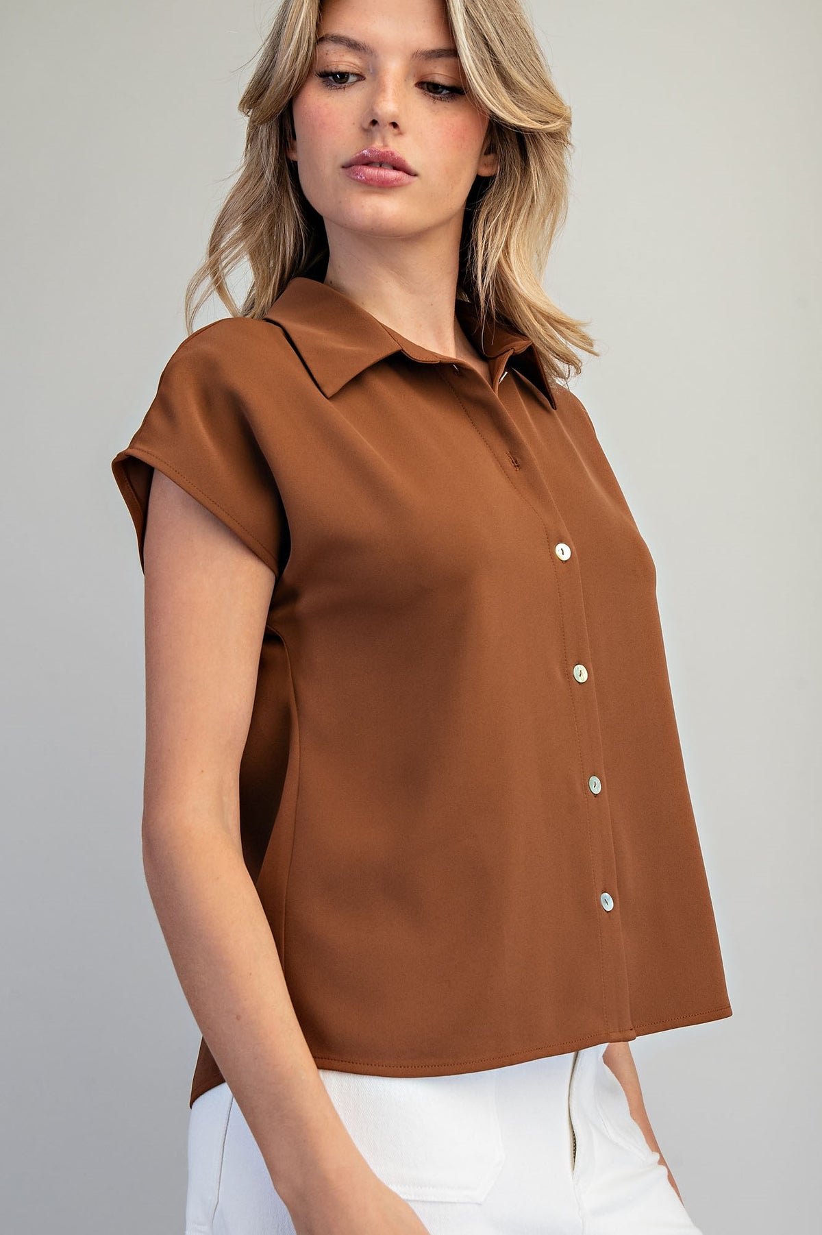 Chocolate V-Neck Button-Up Blouse TK16013