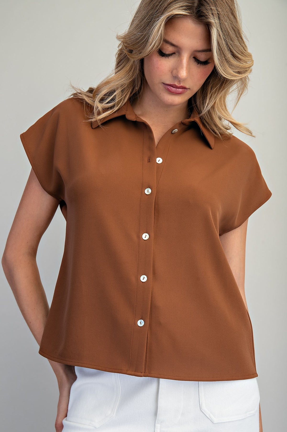 Chocolate V-Neck Button-Up Blouse TK16013