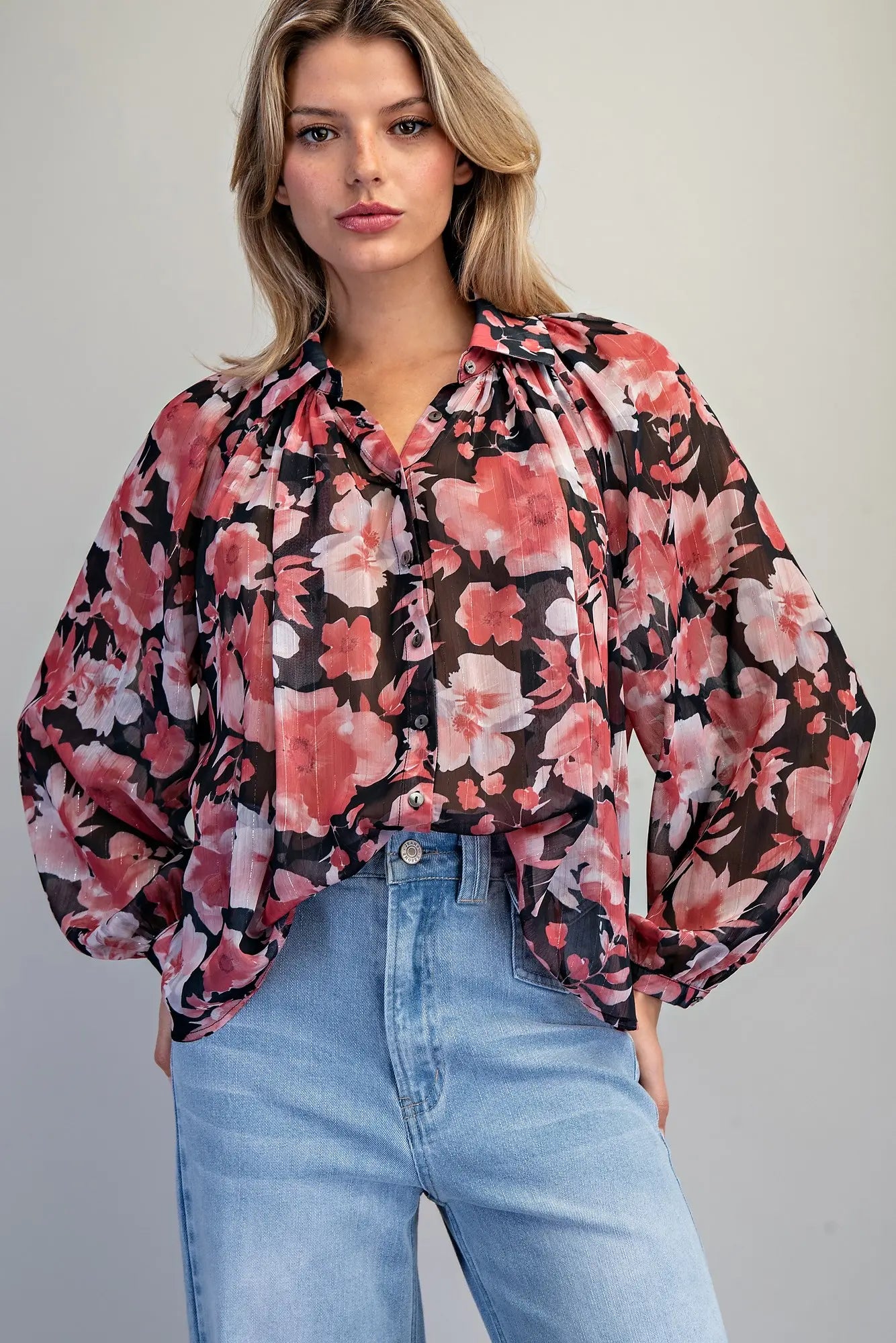 Floral Printed Button Down Blouse Eesome TK16118