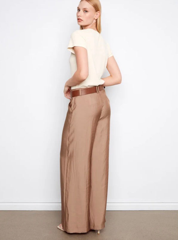 Satin Belted Wide Leg Trousers Sand Charlie B C5756-543