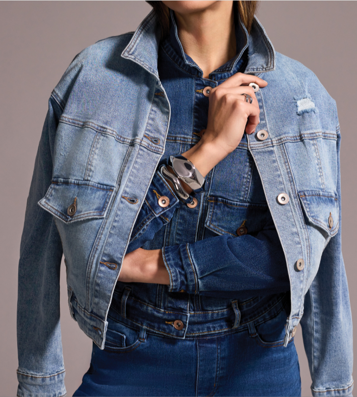 Cropped Wide Sleeve Denim Jacket Washed Blue Tribal 5931O-292-2826