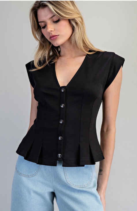 Pleated Button Down V-Neck Top Eesome TK14899