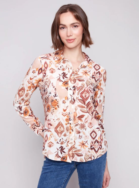 Long Sleeve Jacobean Floral Button-Up Blouse | Charlie B C4252Y-634A