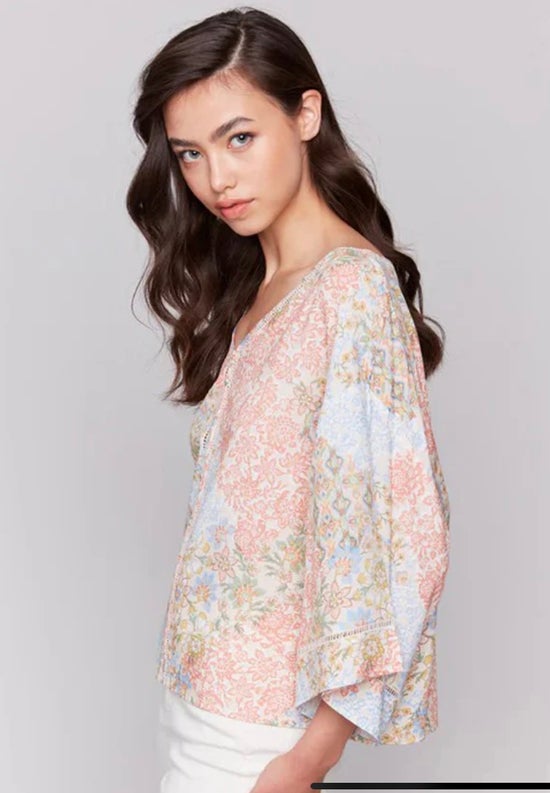 3/4 Sleeve Ladder Stitch Detail Blouse Flowers Charlie B C4616P-634A