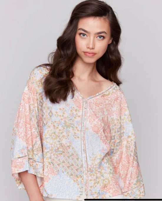 3/4 Sleeve Ladder Stitch Detail Blouse Flowers Charlie B C4616P-634A