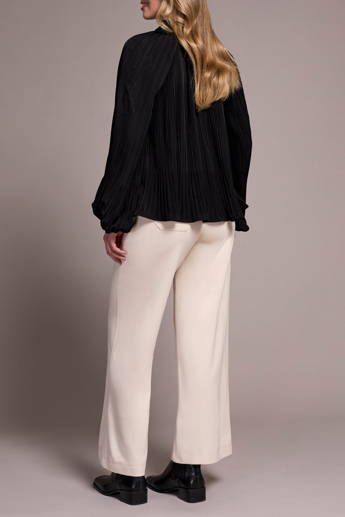 Black Crinkle Blouse with Ruffle V-Neck & Balloon Sleeves Tribal 2377O-8251-0002