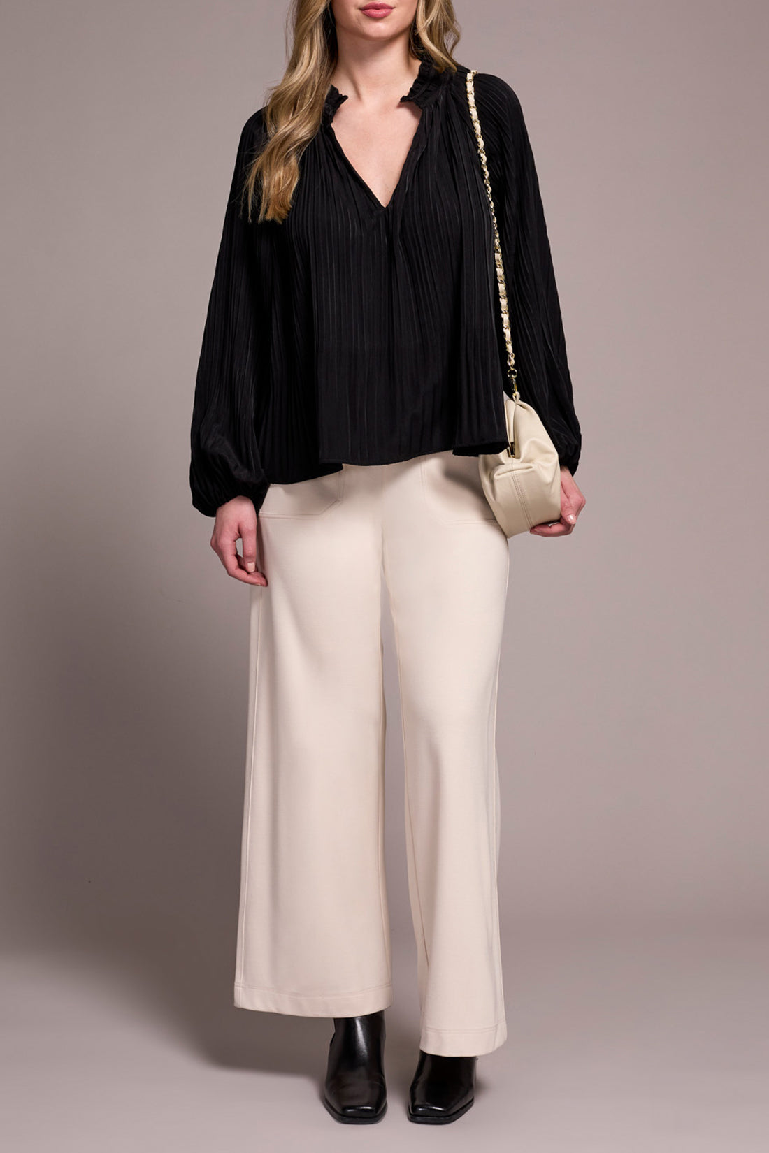 Black Crinkle Blouse with Ruffle V-Neck & Balloon Sleeves Tribal 2377O-8251-0002
