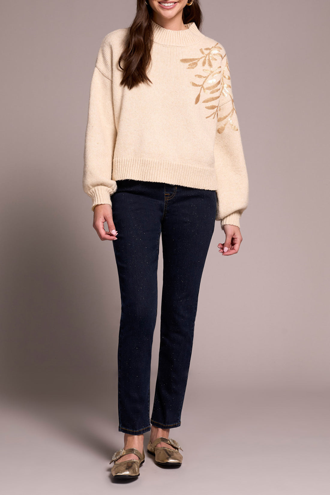 Mock Neck Sweater With Sequins Tribal 2391O-3976