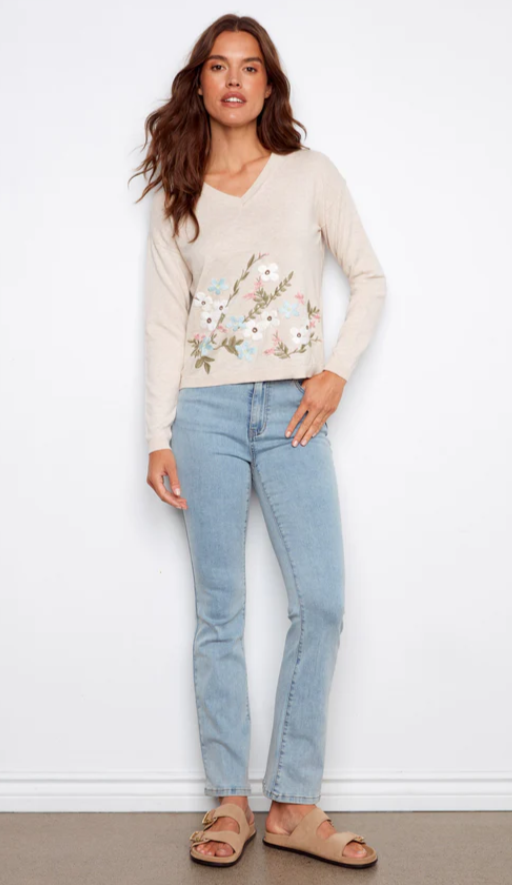 Border Embroidered Flowers Cotton Sweater Charlie B C2802-261B