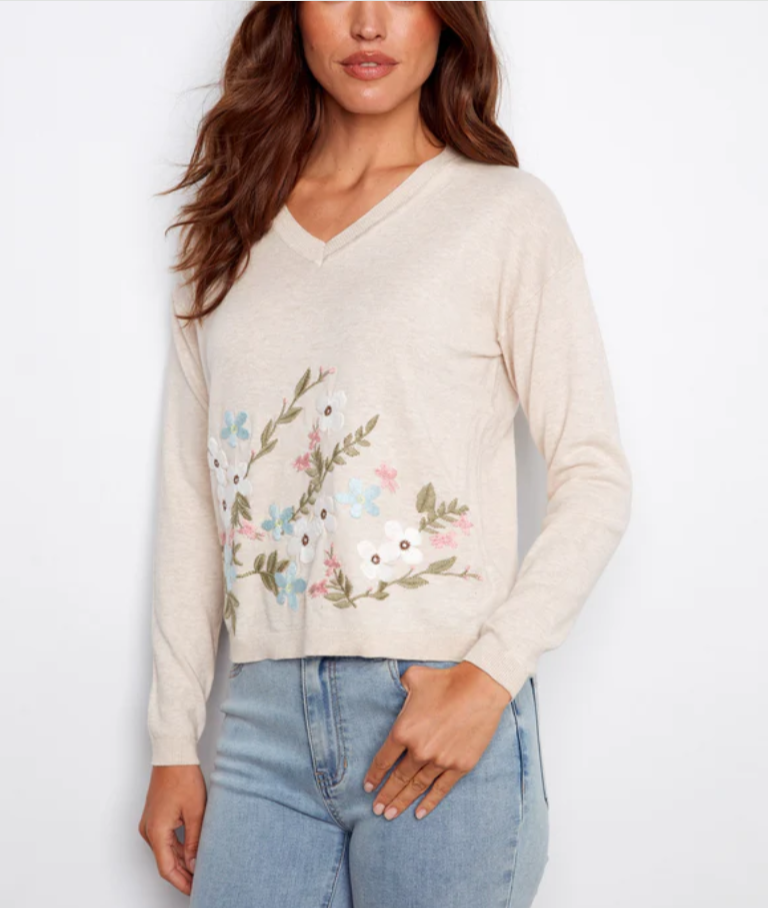 Border Embroidered Flowers Cotton Sweater Charlie B C2802-261B