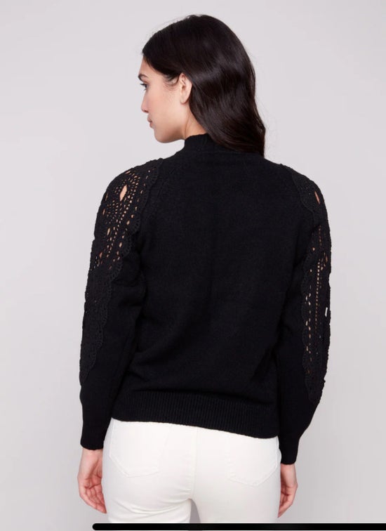 Crochet Sleeve Mock Neck Sweater Black Charlie B C2865-736A