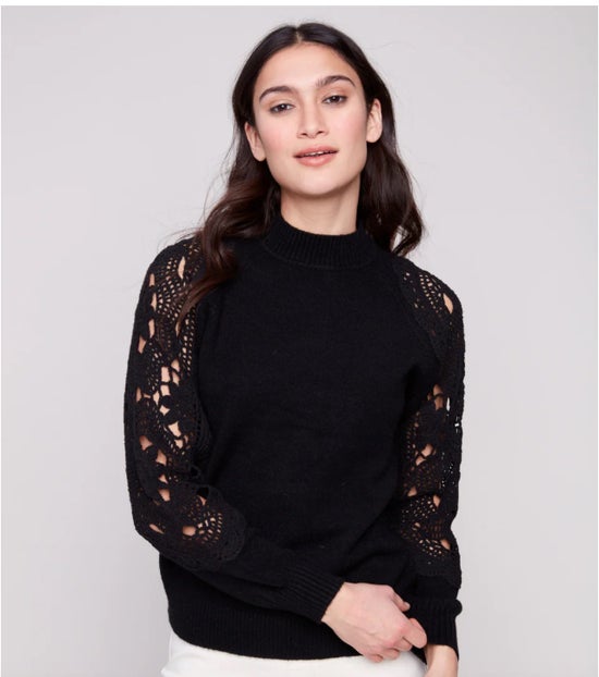 Crochet Sleeve Mock Neck Sweater Black Charlie B C2865-736A