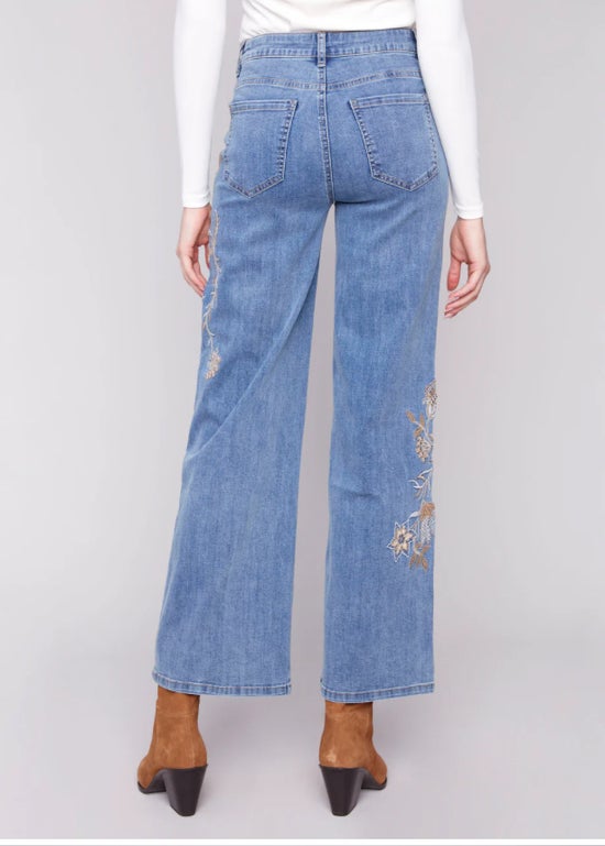 Blue Wide Leg Embroidered Jeans Charlie B C5669-431A