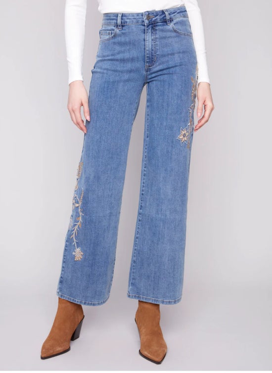 Blue Wide Leg Embroidered Jeans Charlie B C5669-431A
