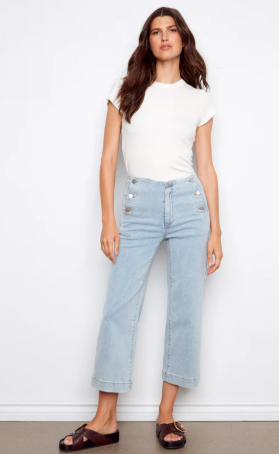 Wide Leg Side Button Lt. Blue Stretch Denim Jeans