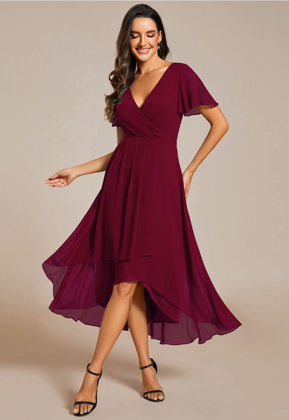 V-neck Midi Chiffon Dress Burgandy Ever Pretty EG02088BD