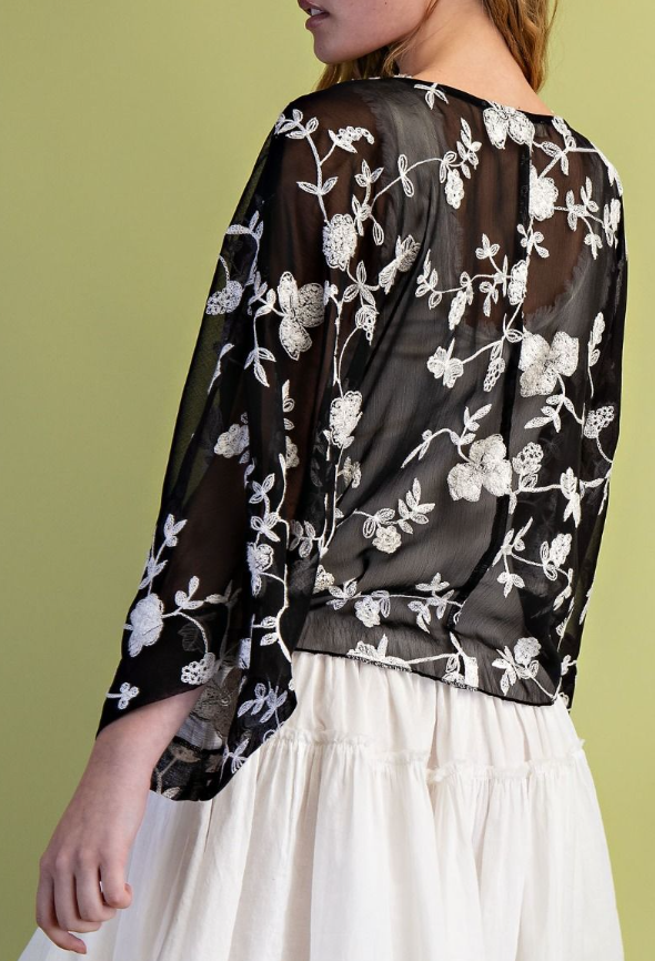 Dolman Sleeves Embroidered Tie Top Easel ST100025